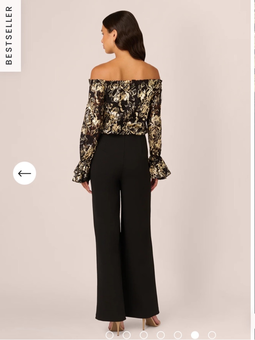 Adrianna Papell - Off-Shoulder Floral Blouse & Black Wide-Leg Pants Jumpsuit - Picture 4 of 8